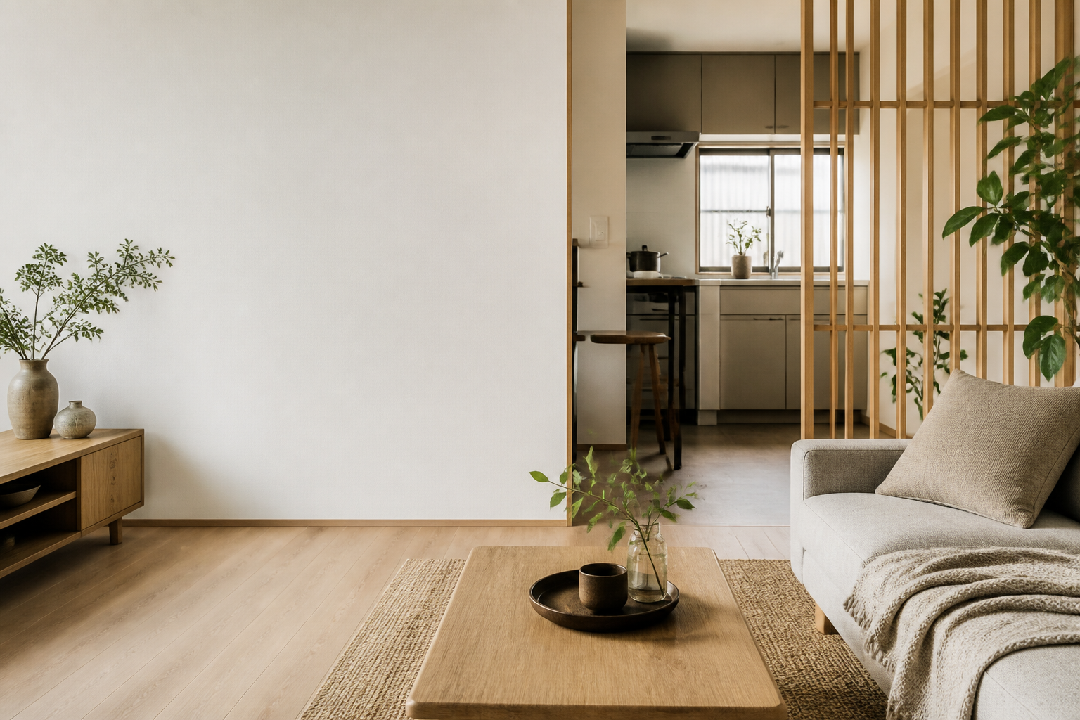 コンパクトな東京の賃貸マンションのリビングコーナー、和モダンで温かみのあるミニマリストスタイル