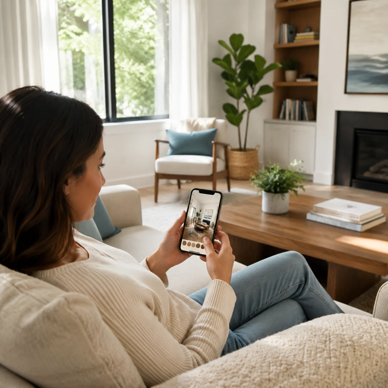 Homeowner redesigning their living room on a phone from the sofa