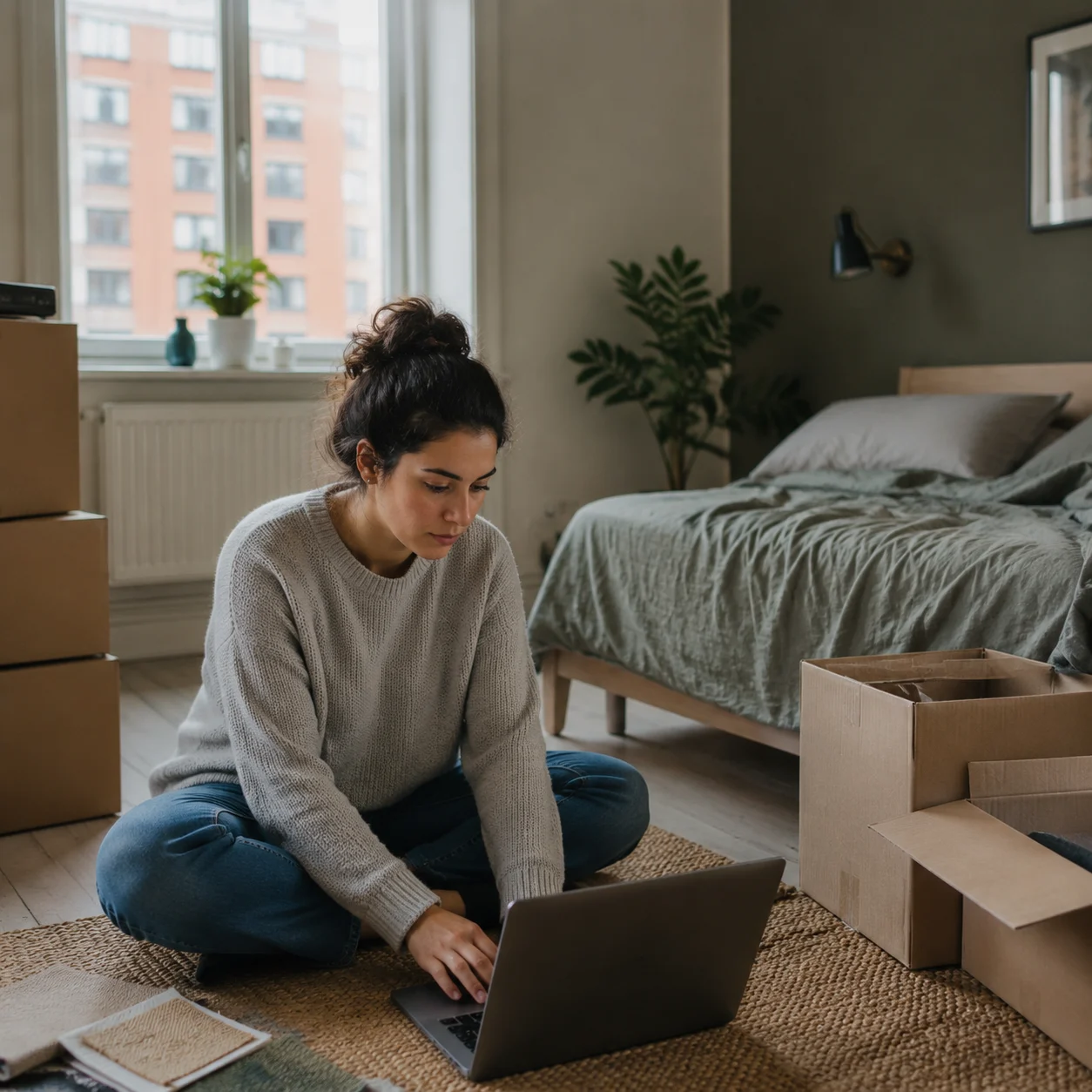 Renter planning a bedroom makeover on a laptop with moving boxes nearby