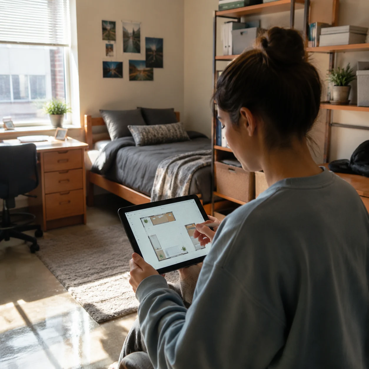 College student arranging a dorm room layout on a tablet