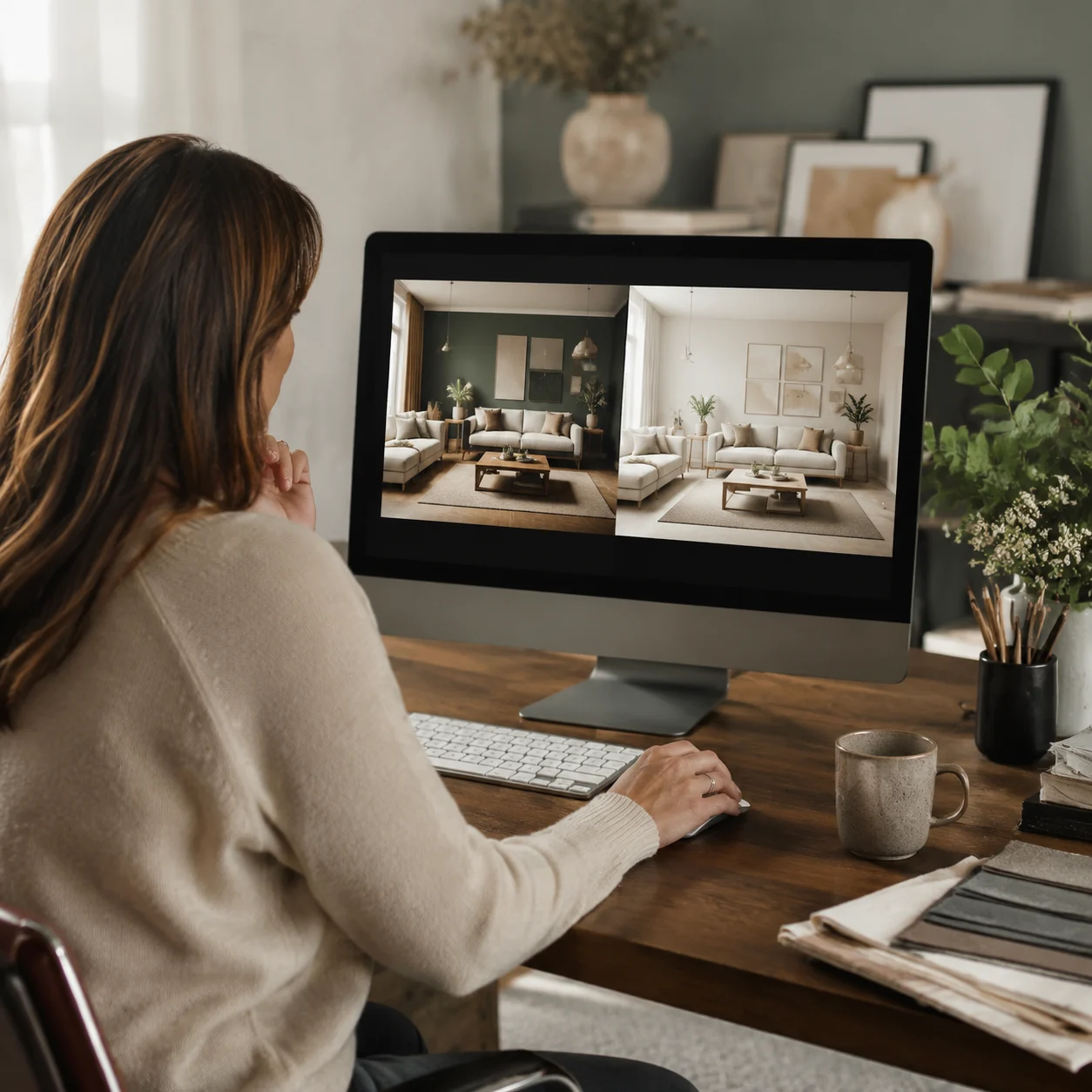 Interior decorator reviewing room concept renders on a monitor