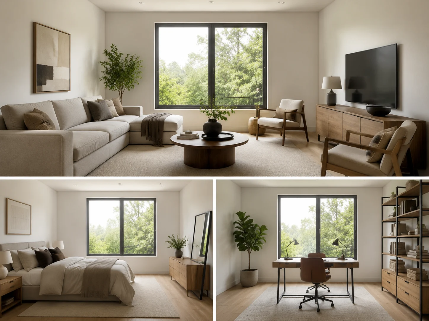 Grid of one space redesigned as a living room, bedroom, and study
