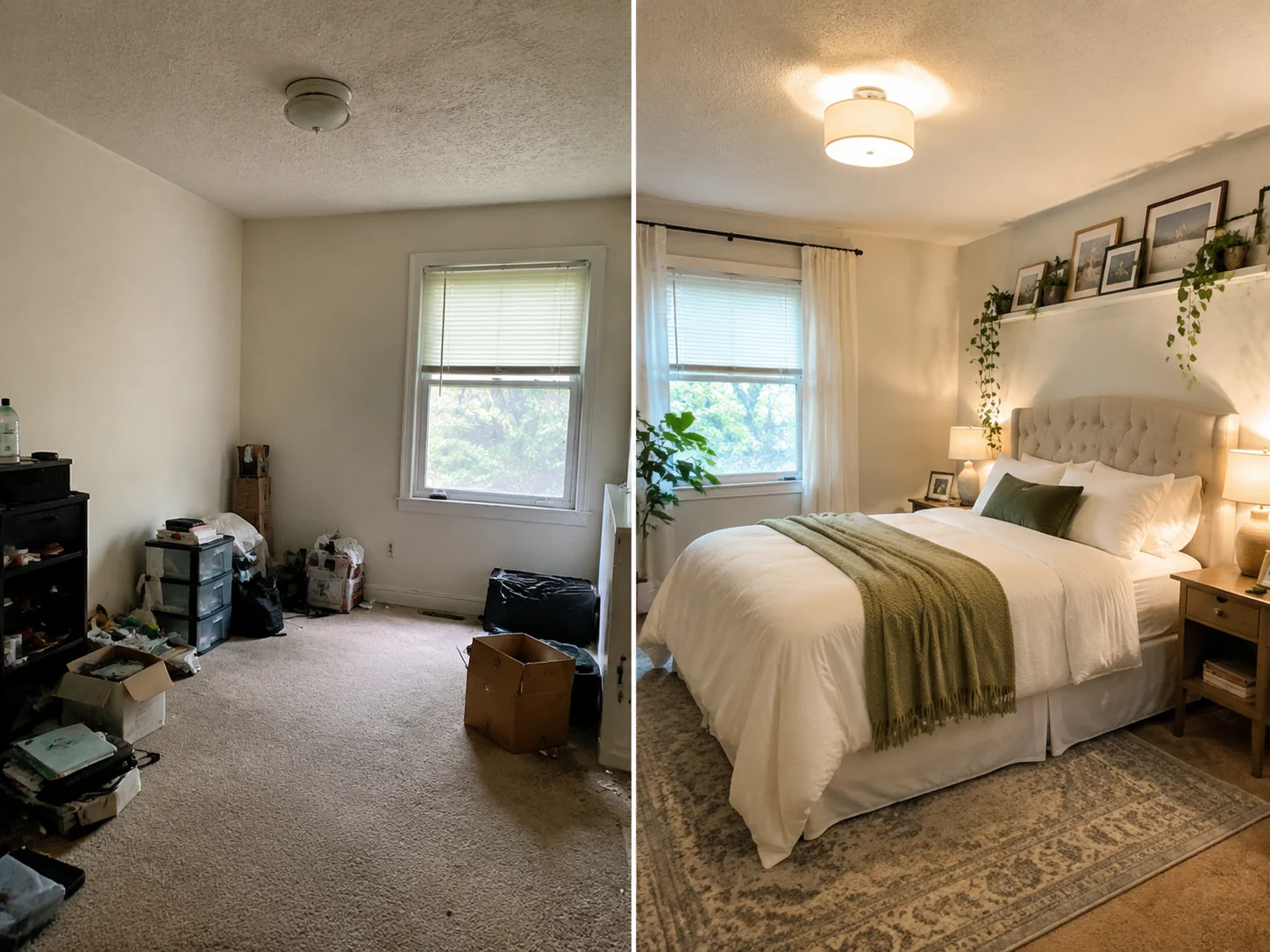 Before and after of one room, plain on one side and decorated on the other