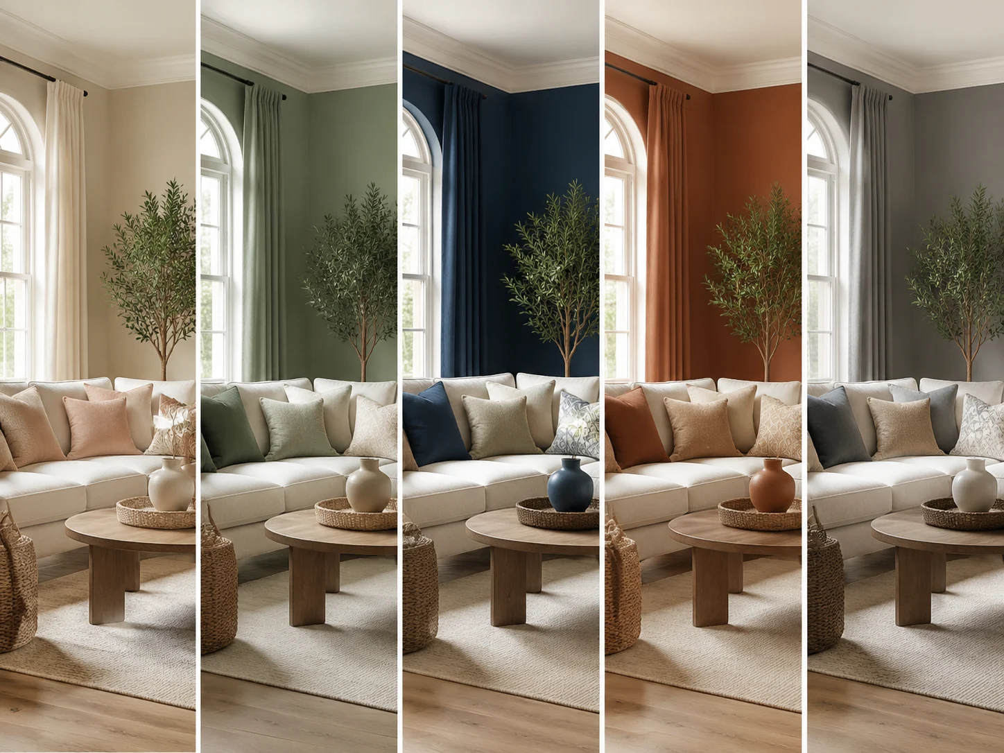 One room shown in several decorator color palettes side by side
