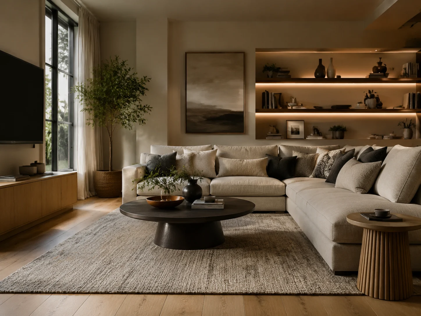 AI room design of a cosy modern living room with sectional sofa and accent lighting