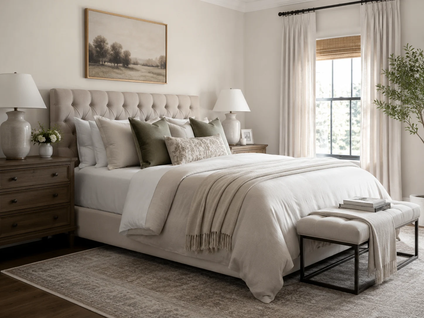 Bedroom makeover with upholstered bed, layered bedding, and warm bedside lamps