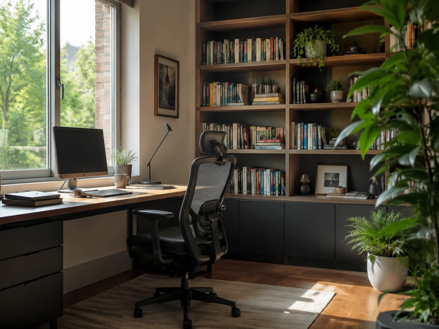 Home study room with a desk by the window, bookshelves, and plants