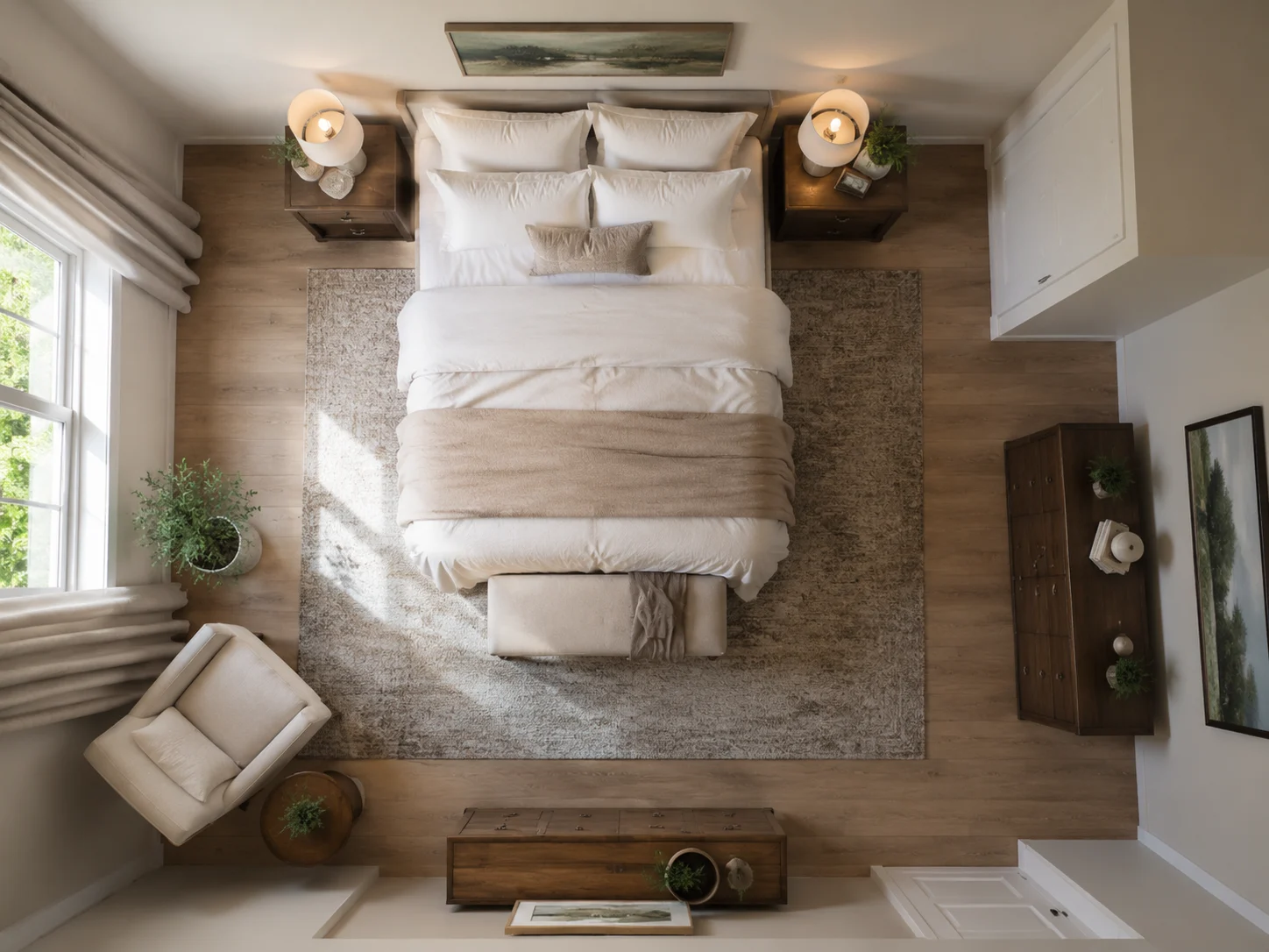 High-angle room layout with furniture arranged and clear circulation