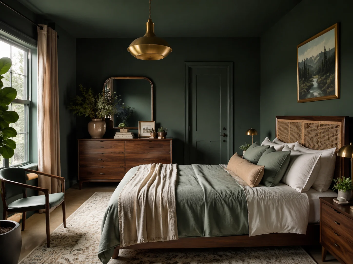 Room decorated with moody green walls and brass and wood accents