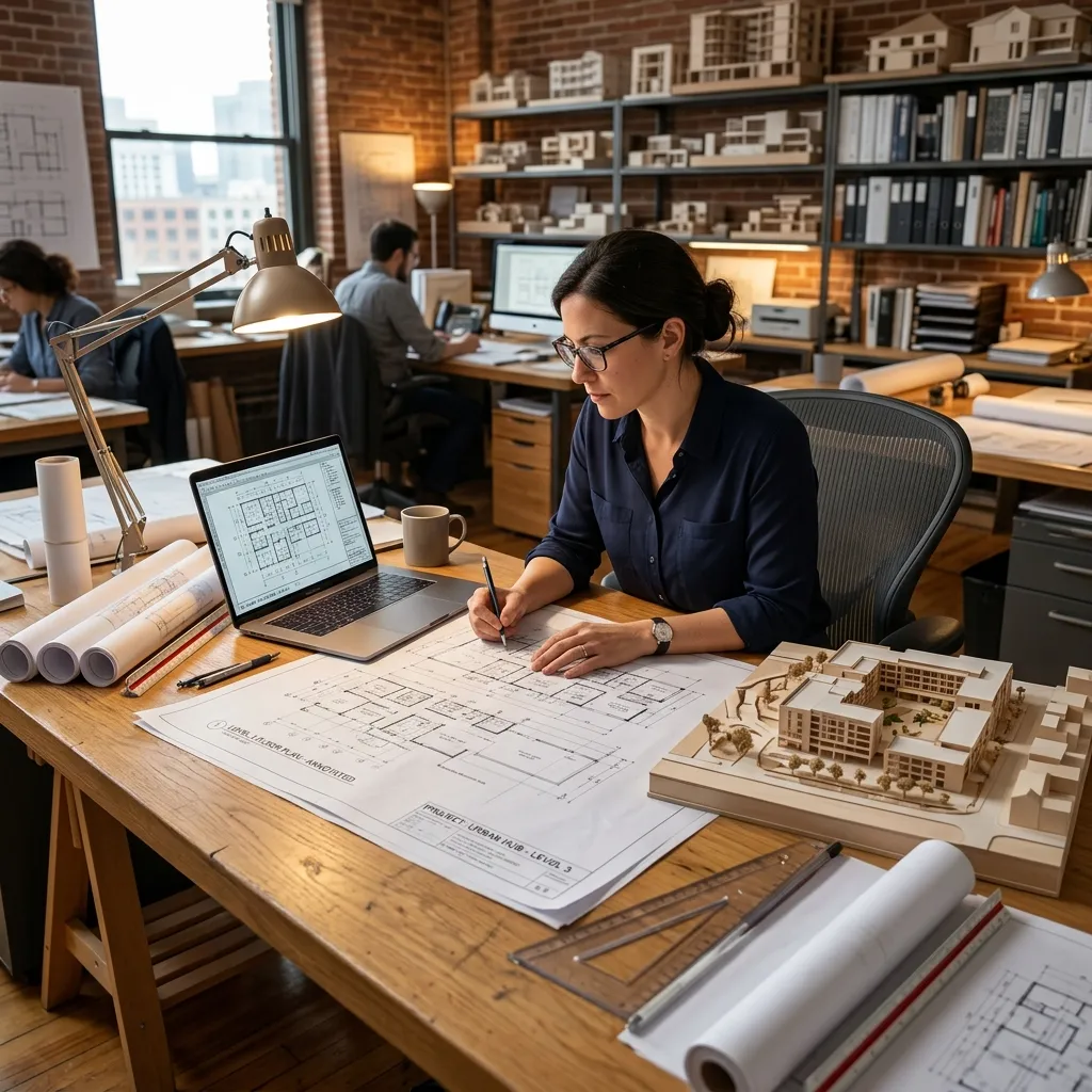 Licensed architect reviewing AI-generated architectural floor plans at a studio desk with physical models