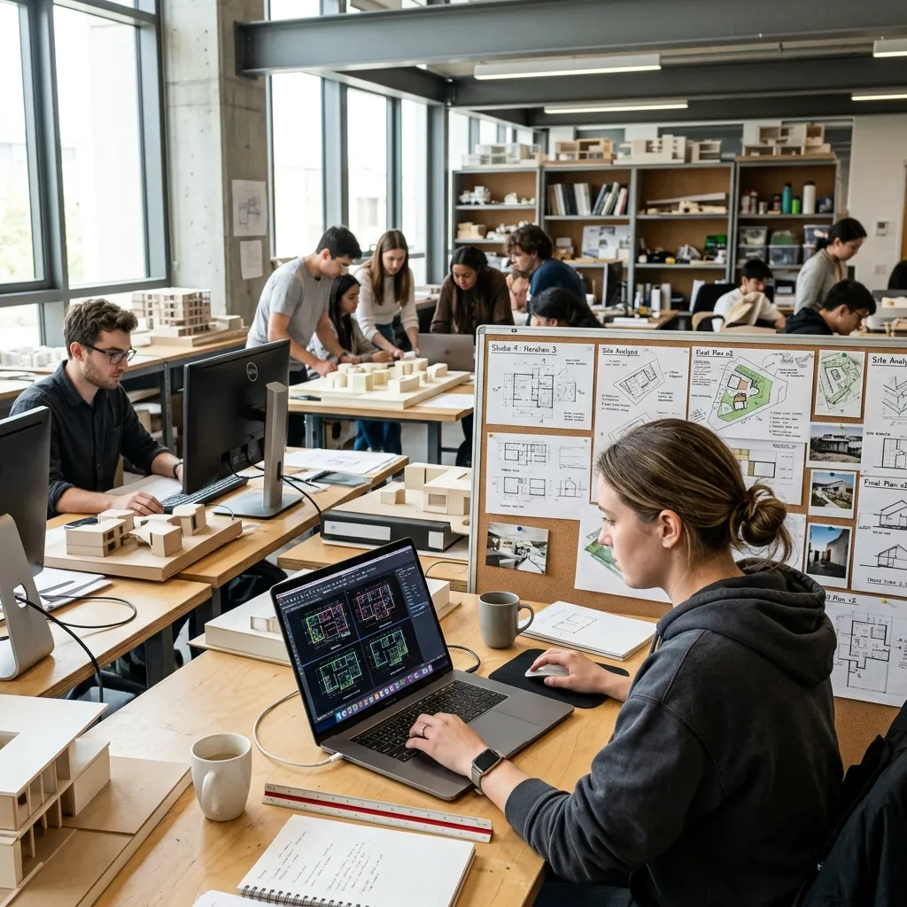 Architecture student using AI architecture floor plan generator on a laptop in a university design studio