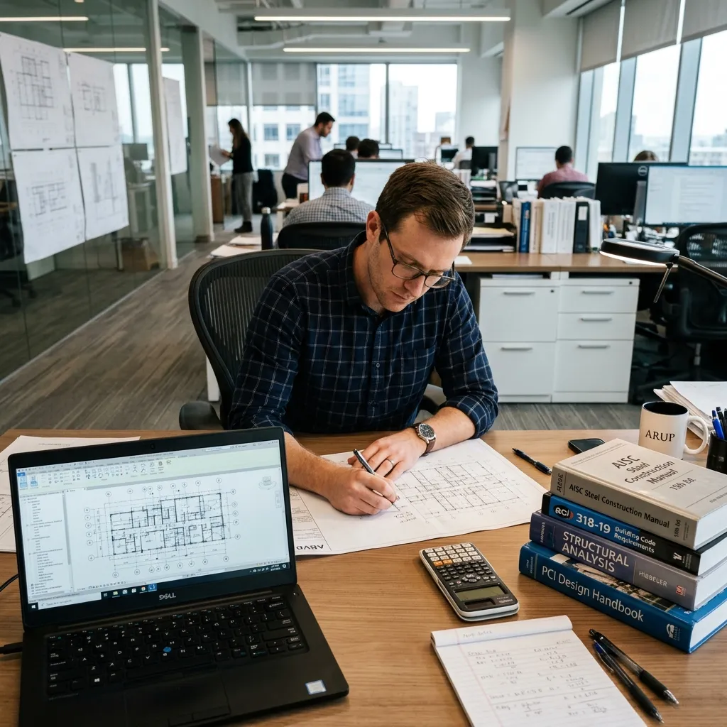 Structural engineer at a desk reviewing AI-generated architectural floor plans alongside calculation sheets