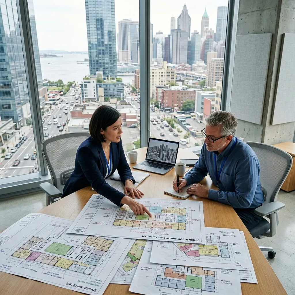 Urban planner reviewing multiple AI-generated building floor plan options spread across a conference table