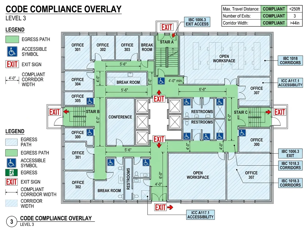 AI architecture floor plan generator applying building code standards to a layout