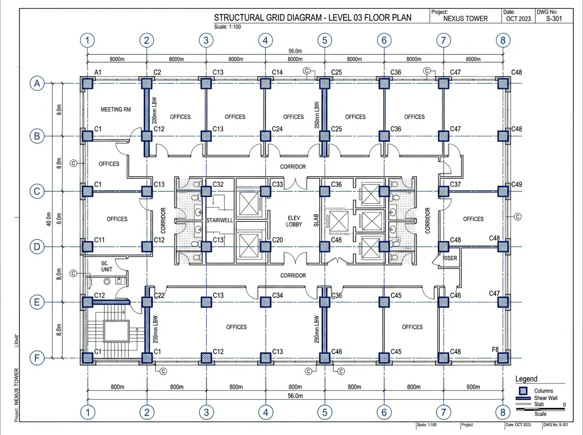 Structural grid and column placement in an architectural floor plan generated by AI