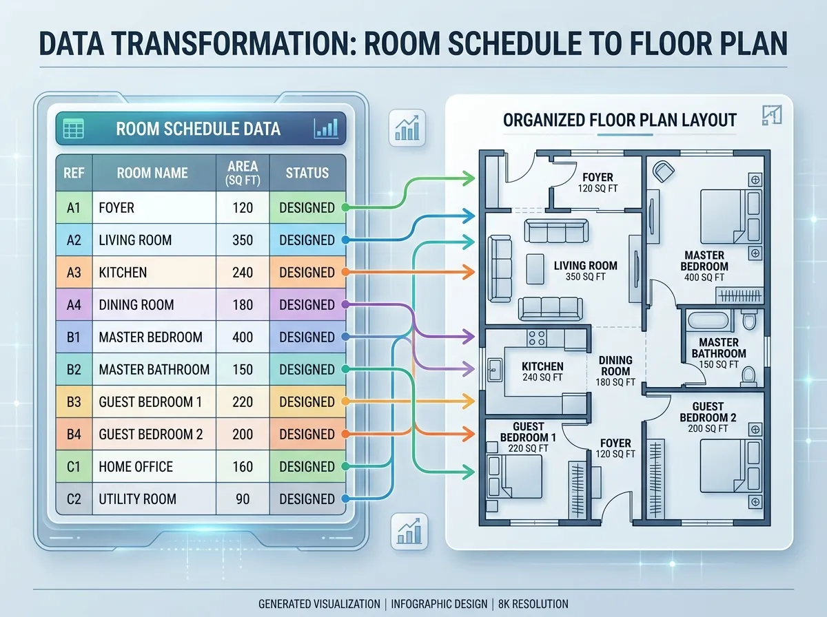 Room schedule being converted into an architectural floor plan by AI