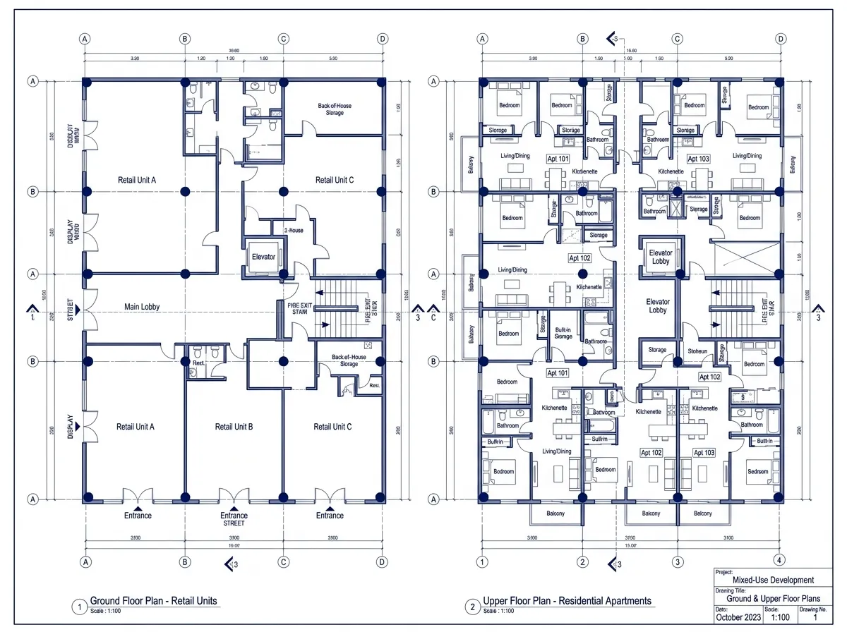 Mixed-use commercial building architectural floor plan created by AI