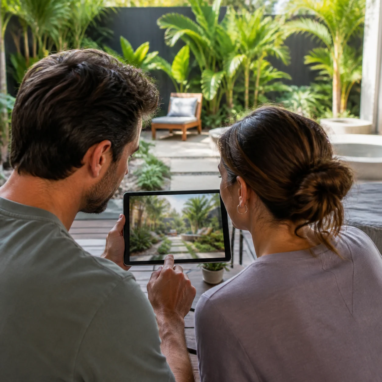 Homeowner comparing backyard style results on a laptop