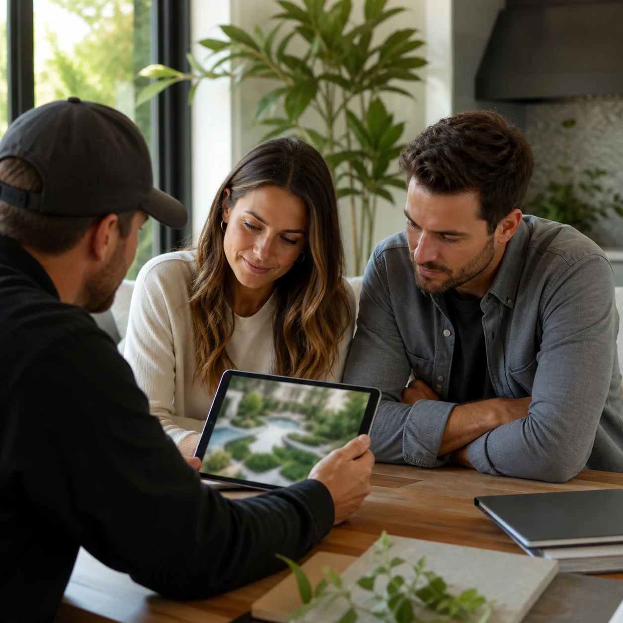 Landscaper showing generated backyard concepts to a client