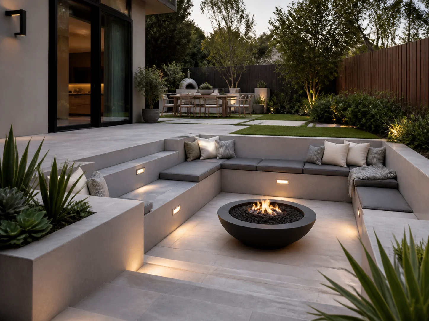 Modern backyard lounge with sunken fire pit and concrete seating