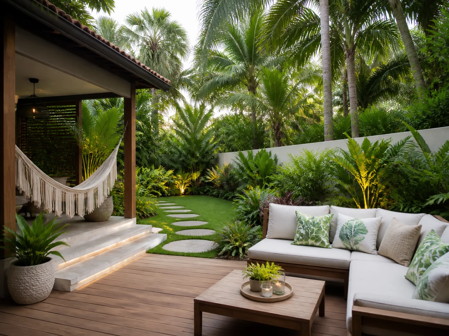 Tropical backyard retreat with palm trees and hammock corner