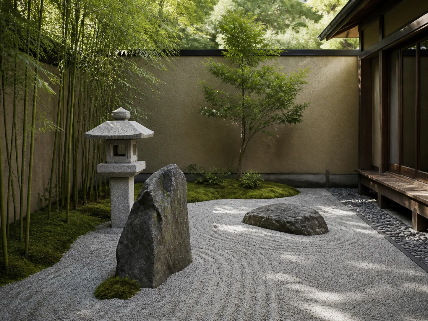 Zen backyard garden with raked gravel and stone lantern