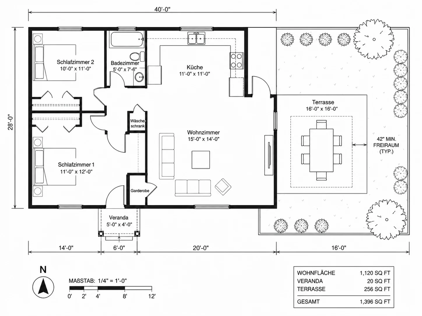 Gartenlayout mit Terrassenmöbeln und maßstabsgetreuen Abständen