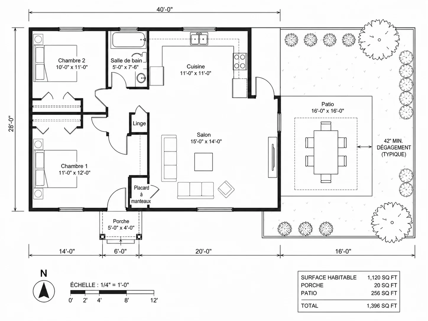 Plan d'arrière-cour avec mobilier de terrasse et espaces de circulation
