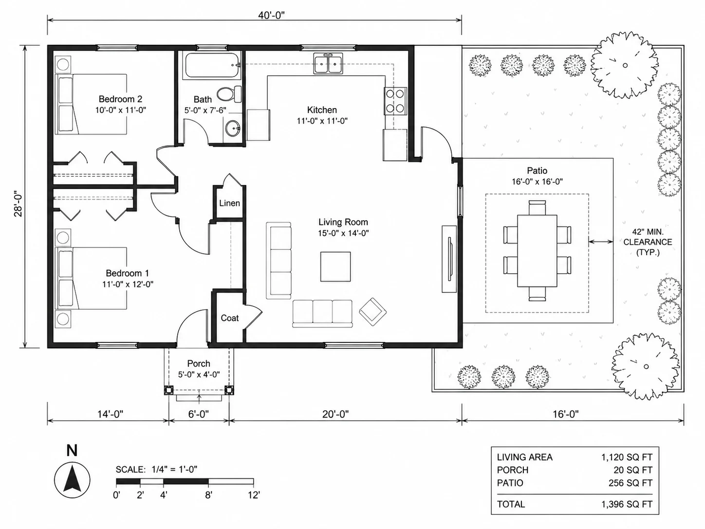 Backyard layout with patio furniture and clearance space