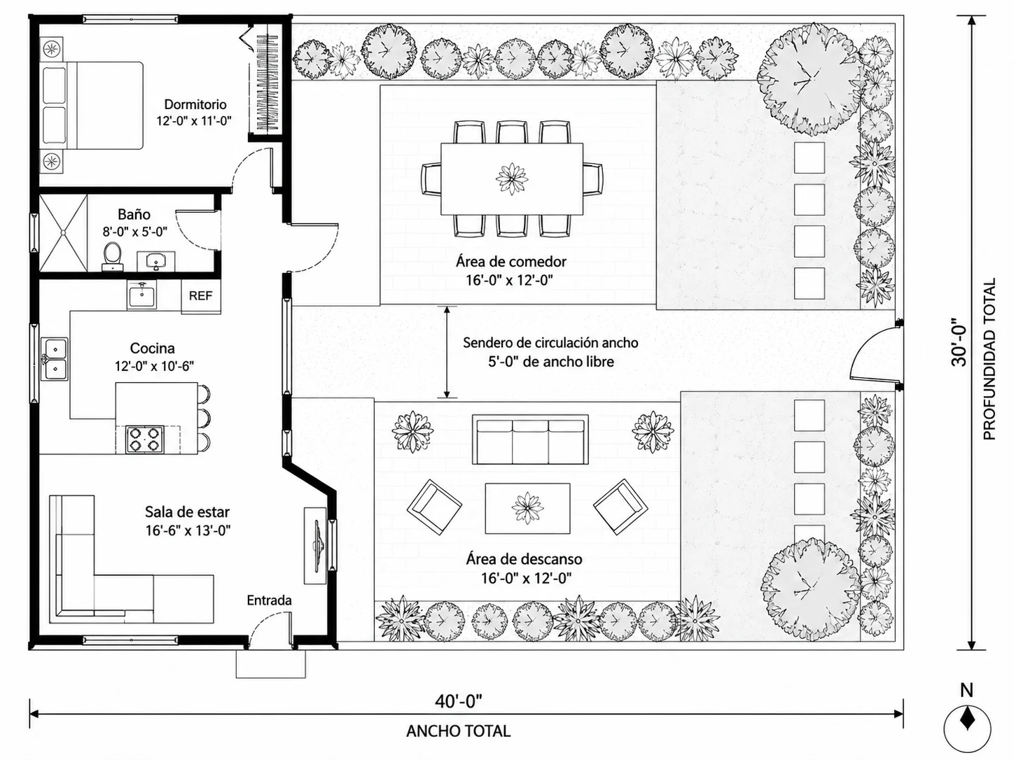 Diseño de patio trasero con varias mesas para eventos y reuniones