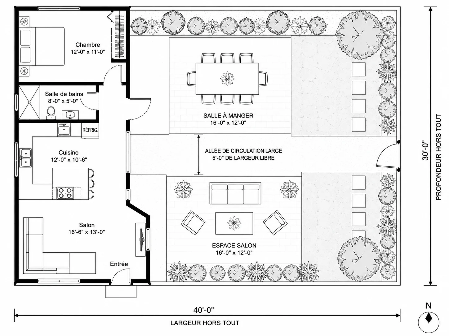 Plan d'aménagement d'arrière-cour avec plusieurs tables pour recevoir