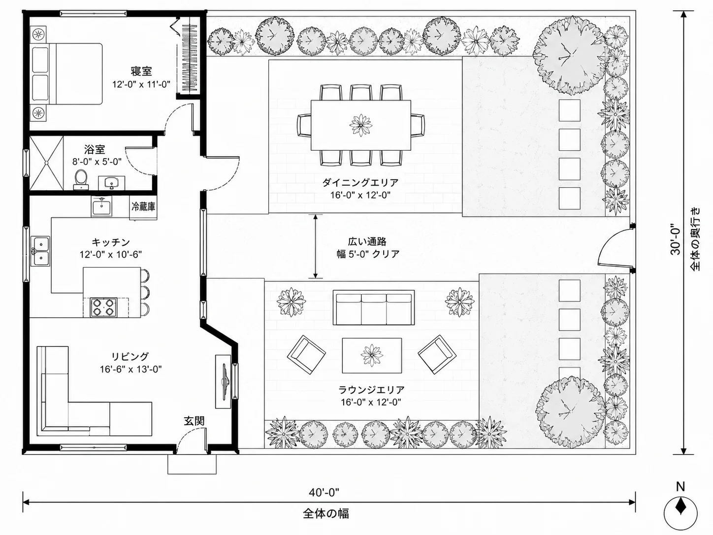 大人数の集まりに対応した複数のテーブルが並ぶ裏庭レイアウト
