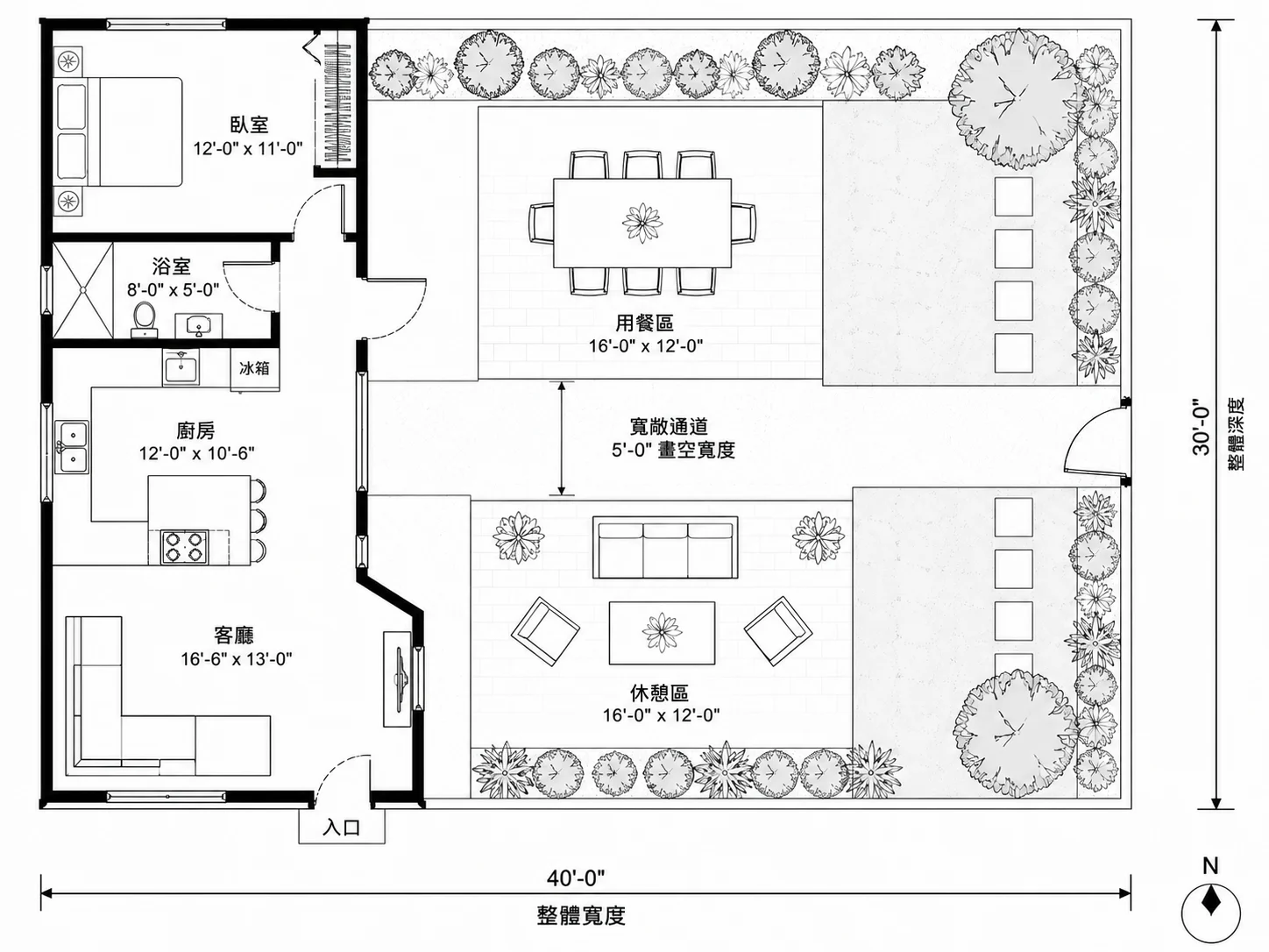 設有多張餐桌適合聚會招待的後院空間配置圖