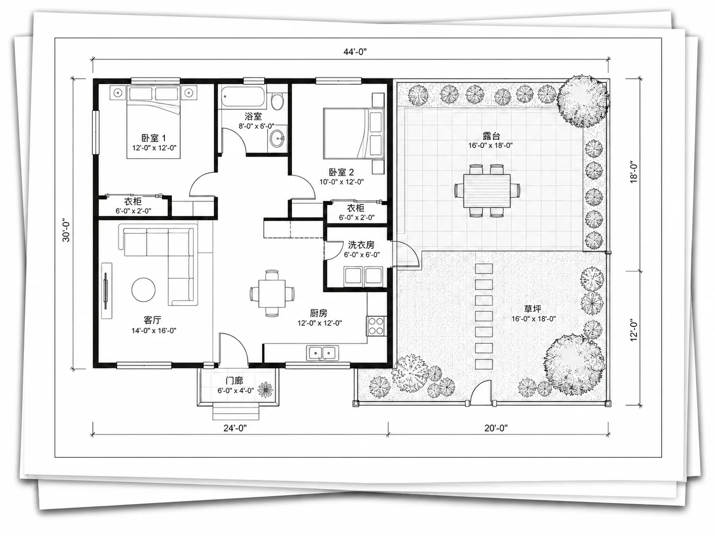 支持导出 PNG 和 PDF 格式的后院设计工具界面