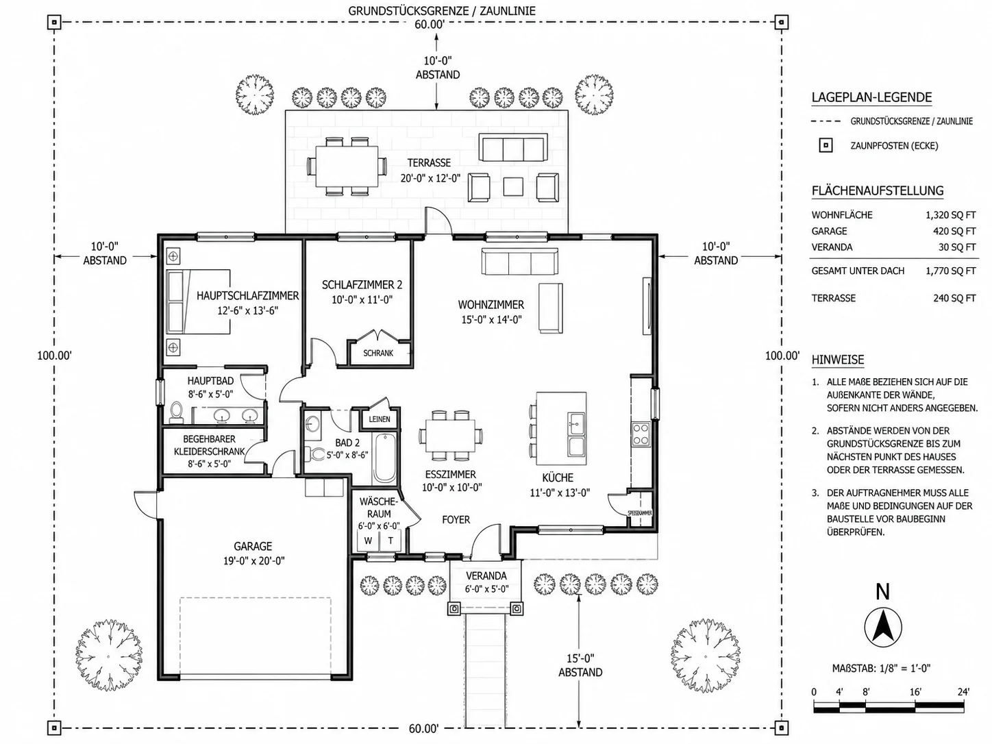 Gartenlayout mit Zaunverlauf und Grundstücksgrenzen