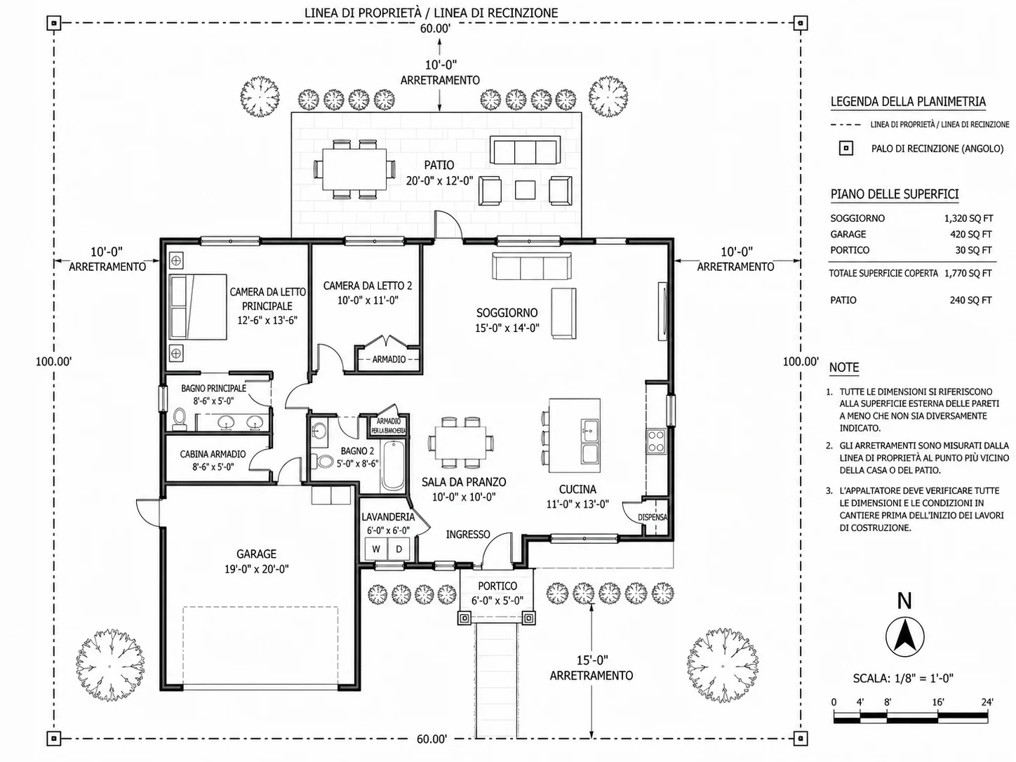 Disegno della planimetria del cortile con linee di recinzione e confini