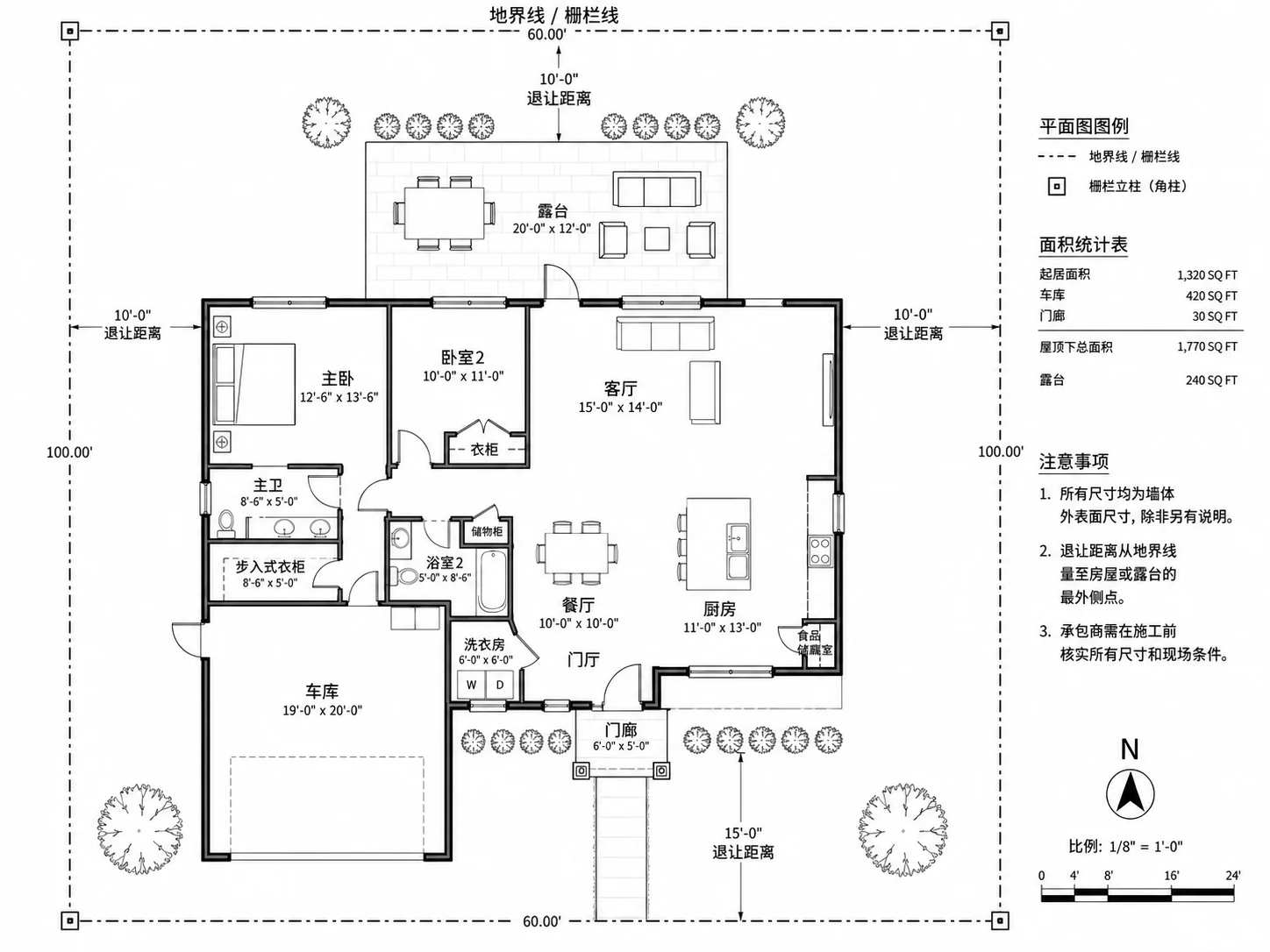 标有围栏线条与边界范围的后院布局平面图