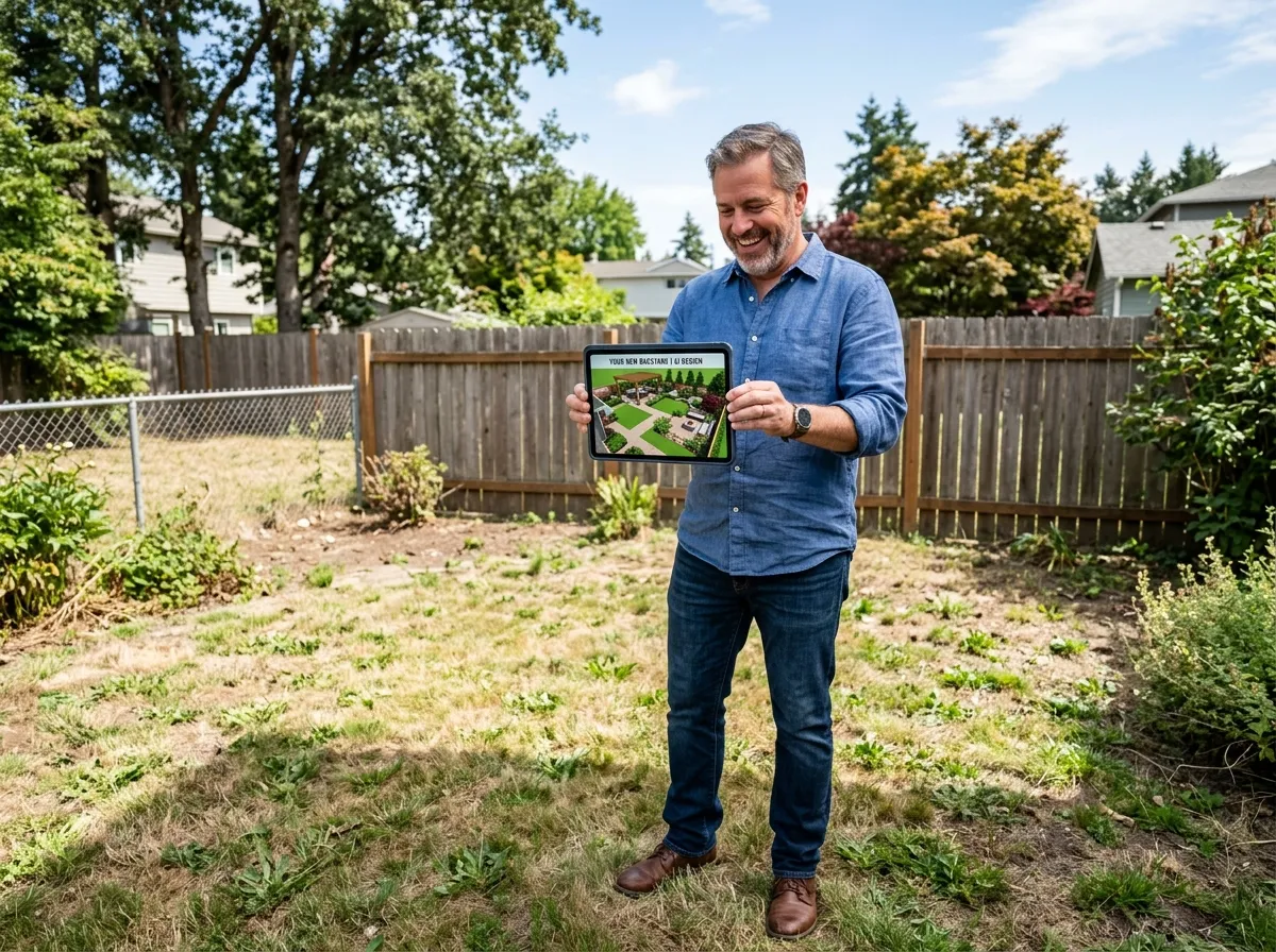Homeowner reviewing AI backyard design plans on a tablet in their garden
