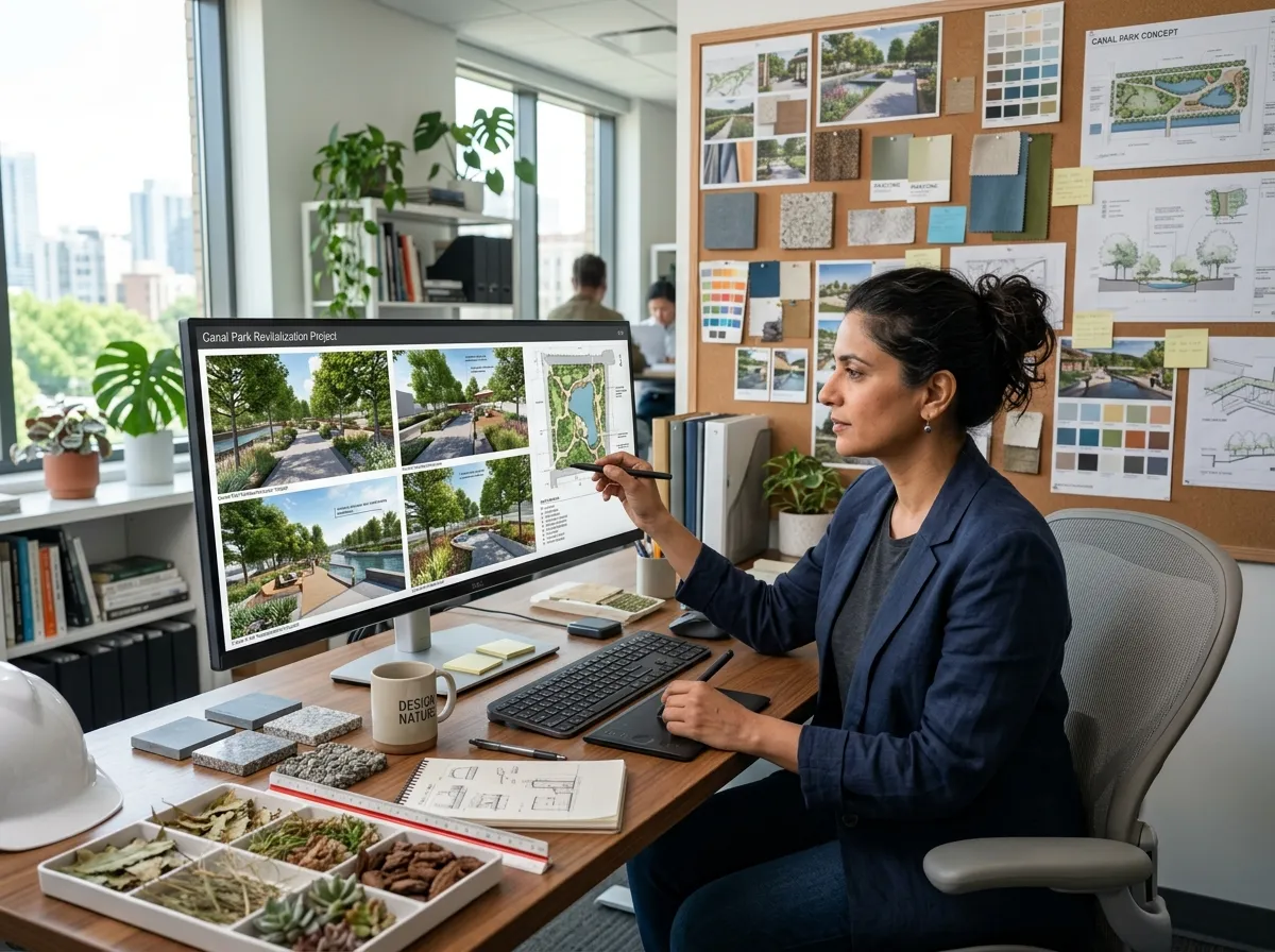 Landscape architect using AI backyard design tool to create client proposals on a wide monitor