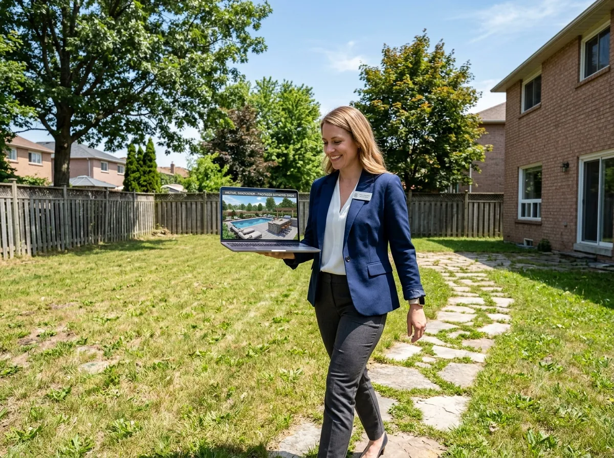 Real estate agent showing virtually staged AI backyard design to potential home buyers