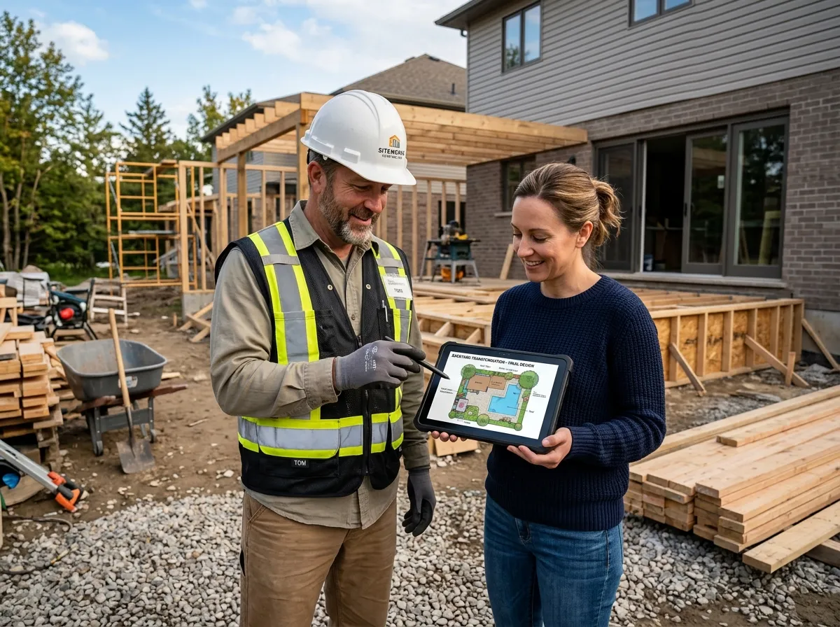 Contractor reviewing AI backyard design blueprints on a job site with a client
