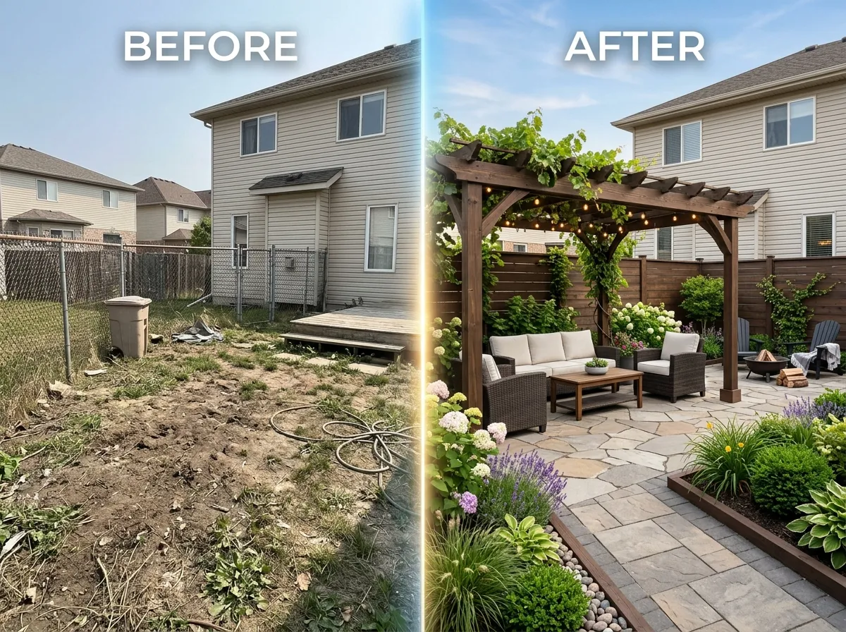 Before and after AI backyard design transformation from a single photo upload