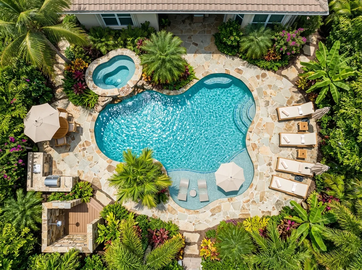 AI backyard pool design showing custom pool shape with surrounding deck and landscaping