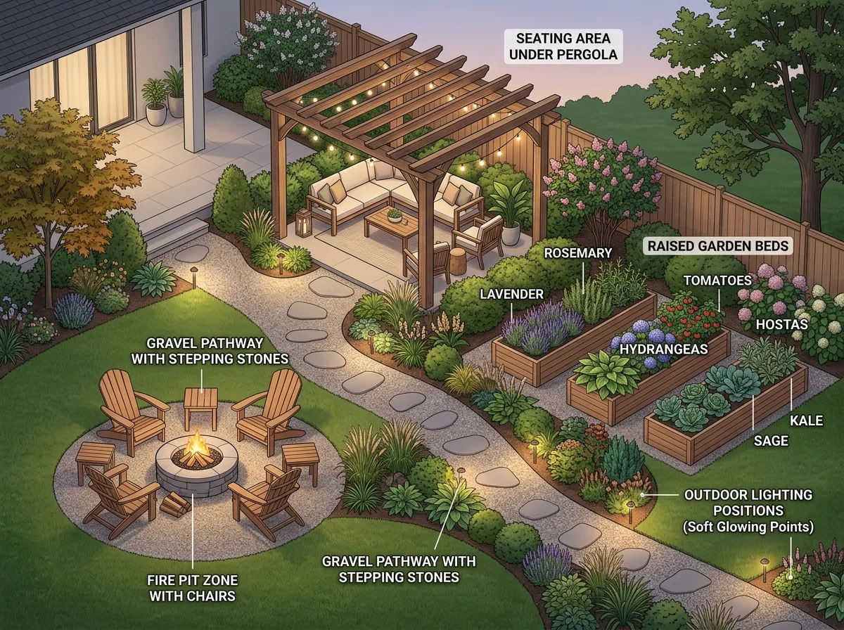 AI backyard design landscape plan with climate-appropriate plants and lighting layout