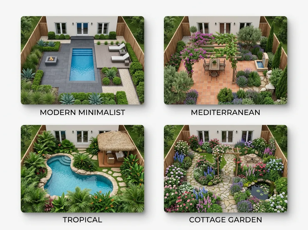 Side-by-side comparison of multiple AI backyard design layout options