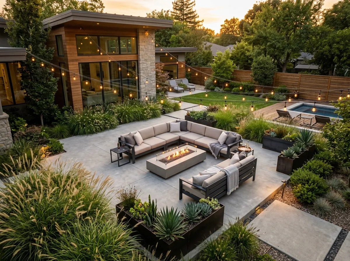 AI backyard design showing modern outdoor living space with fire pit and contemporary landscaping