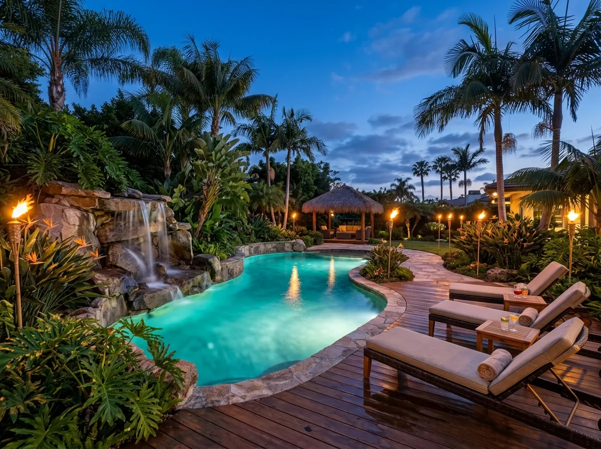 AI backyard design with tropical pool area and lush landscaping