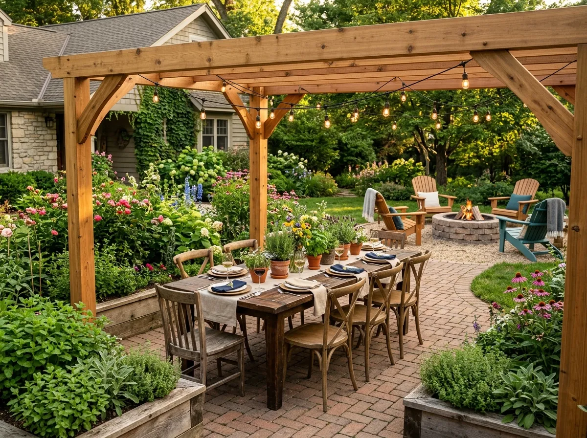 AI backyard design featuring cozy garden entertaining area with pergola and string lights