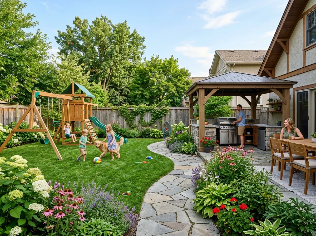 Family-friendly AI backyard design with play area and BBQ station