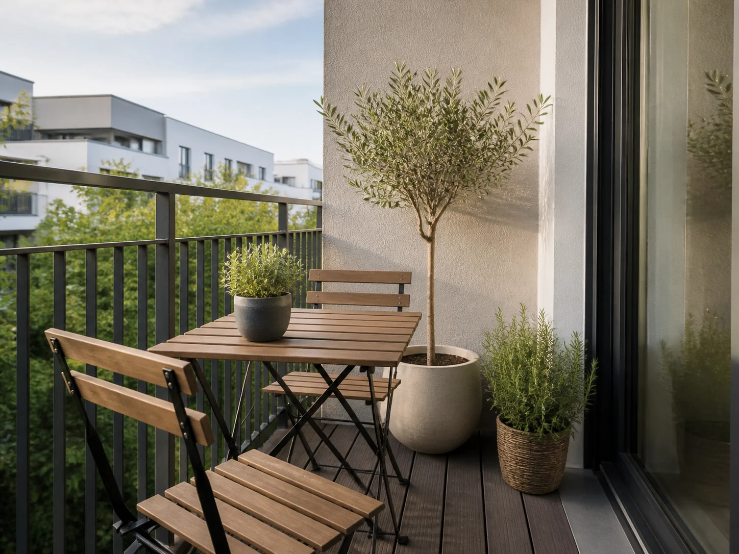 Modern small balcony with folding furniture and potted greenery